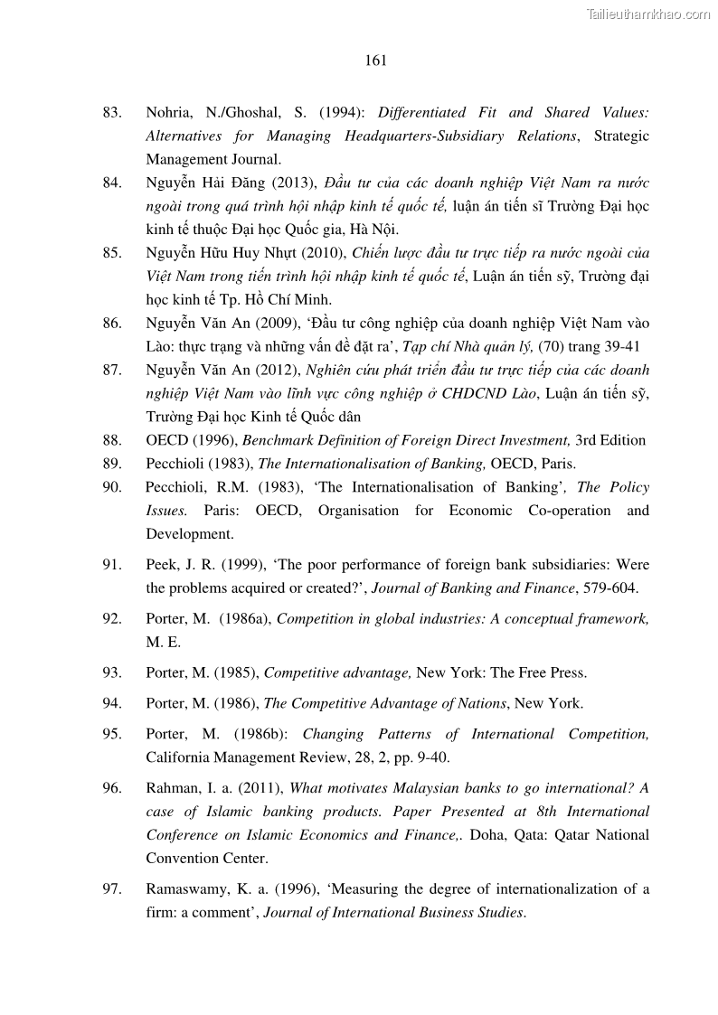 Luận án tiến sĩ tài chính ngân hàng Tác động hoạt động đầu tư trực tiếp ra nước ngoài đến hiệu quả hoạt động tại các NHTM Việt Nam - 15 Trang 171