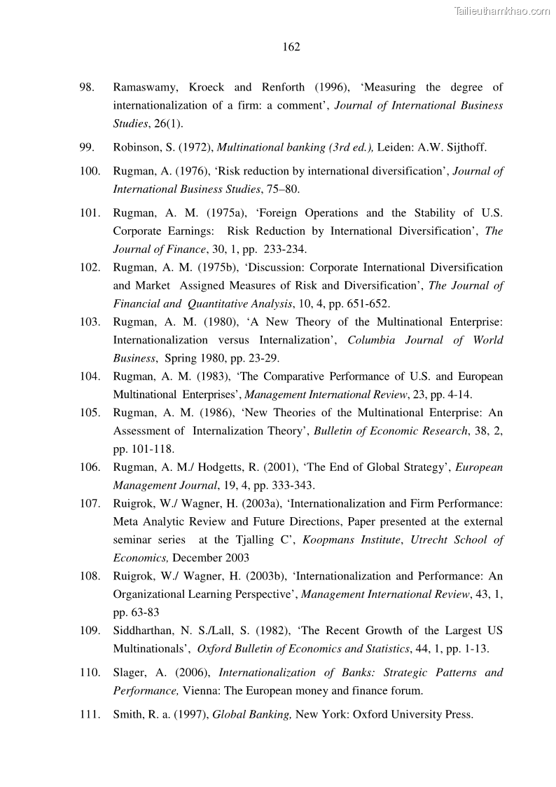 Luận án tiến sĩ tài chính ngân hàng Tác động hoạt động đầu tư trực tiếp ra nước ngoài đến hiệu quả hoạt động tại các NHTM Việt Nam - 15 Trang 172