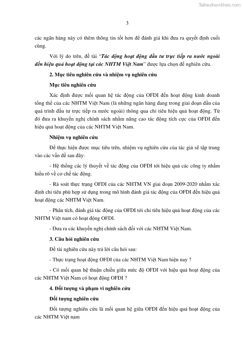 Luận án tiến sĩ tài chính ngân hàng Tác động hoạt động đầu tư trực tiếp ra nước ngoài đến hiệu quả hoạt động tại các NHTM Việt Nam - 2 Trang 13