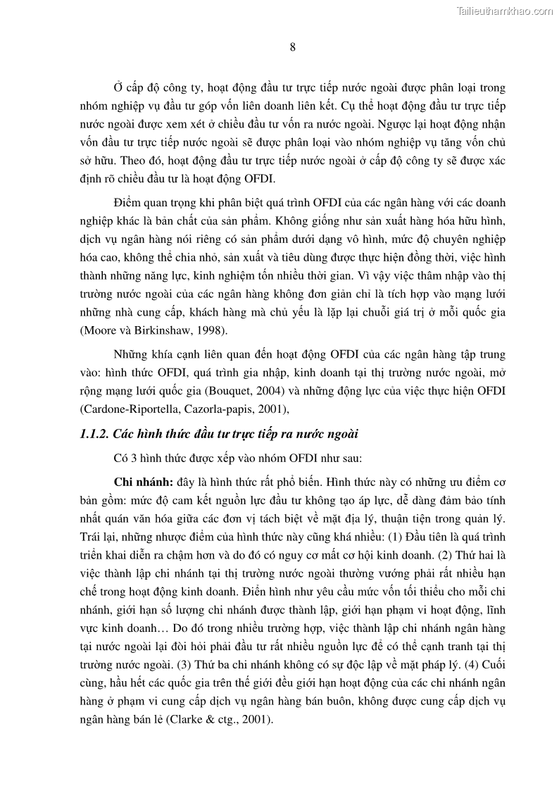 Luận án tiến sĩ tài chính ngân hàng Tác động hoạt động đầu tư trực tiếp ra nước ngoài đến hiệu quả hoạt động tại các NHTM Việt Nam - 2 Trang 18