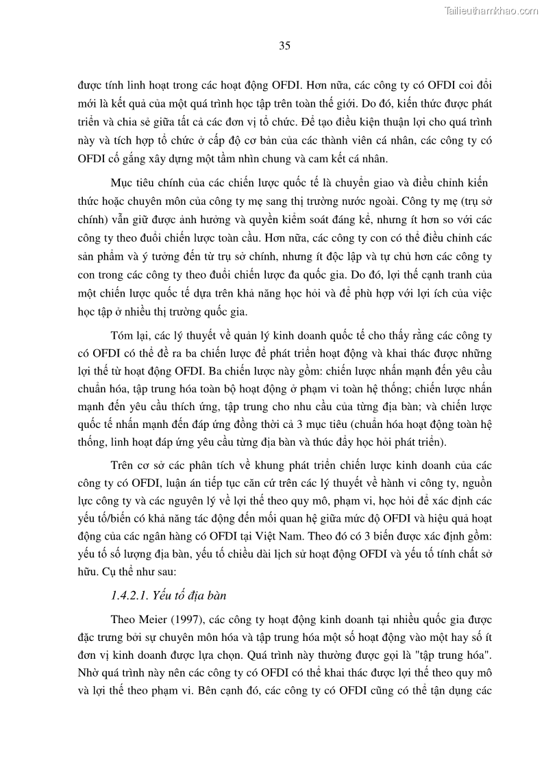 Luận án tiến sĩ tài chính ngân hàng Tác động hoạt động đầu tư trực tiếp ra nước ngoài đến hiệu quả hoạt động tại các NHTM Việt Nam - 4 Trang 45