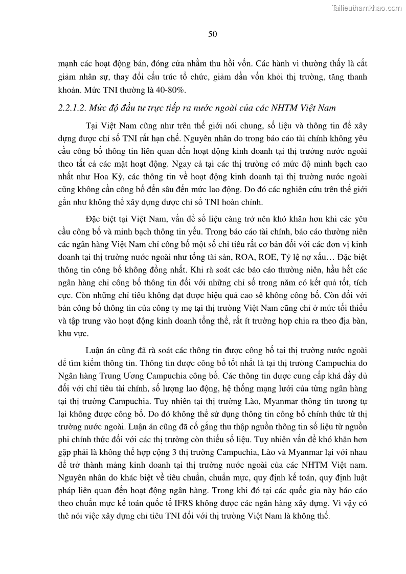 Luận án tiến sĩ tài chính ngân hàng Tác động hoạt động đầu tư trực tiếp ra nước ngoài đến hiệu quả hoạt động tại các NHTM Việt Nam - 5 Trang 60