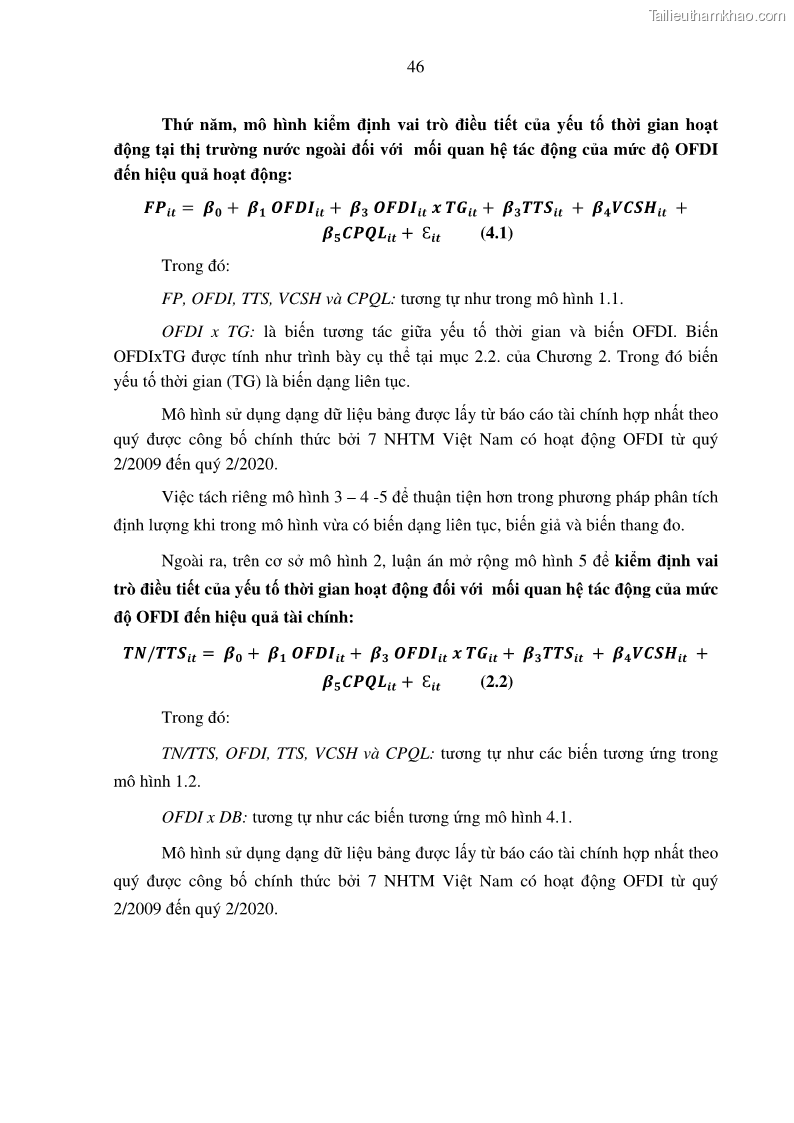 Luận án tiến sĩ tài chính ngân hàng Tác động hoạt động đầu tư trực tiếp ra nước ngoài đến hiệu quả hoạt động tại các NHTM Việt Nam - 5 Trang 56