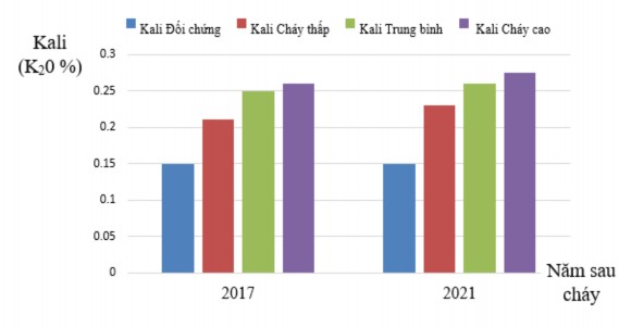 Hình 3 7 Thay đổi kali tổng số K 2 0 theo năm trên các cấp độ cháy 6