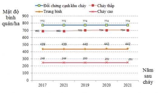 Hình 3 9 Thay đổi mật độ bình quân ha theo năm trên các cấp độ cháy Kết 2