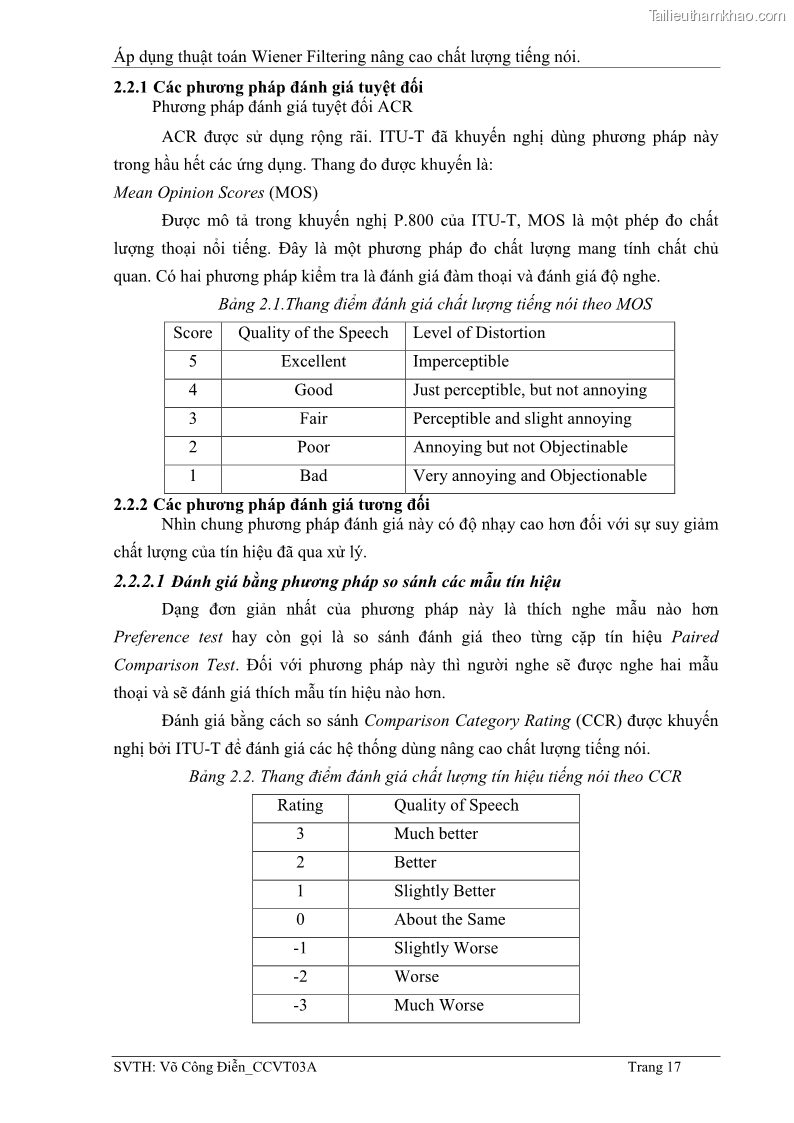 Đồ án tốt nghiệp Áp dụng thuật toán Wiener Filtering nâng cao chất lượng tiếng nói - 3 Trang 26