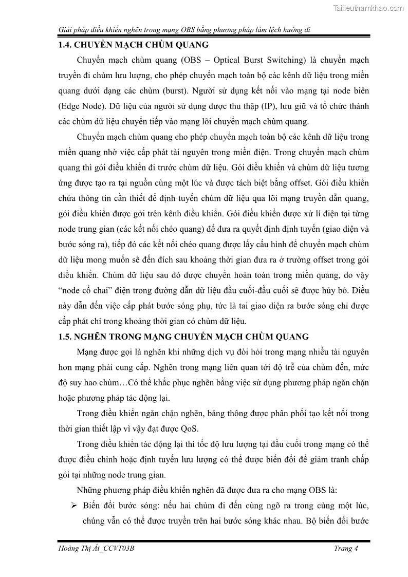 Đồ án tốt nghiệp Giải pháp điều khiển nghẽn trong mạng OBS bằng phương pháp làm lệch hướng đi - 2 Trang 14