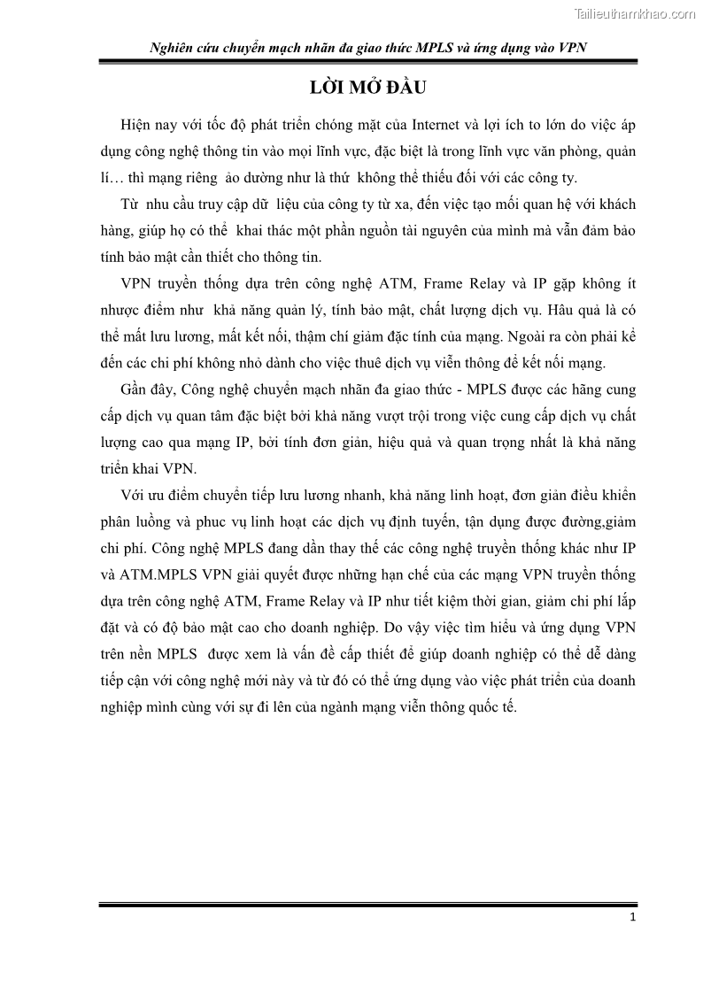 Đồ án tốt nghiệp Nghiên cứu chuyển mạch nhãn đa giao thức MPLS và ứng dụng vào VPN - 1 Trang 6