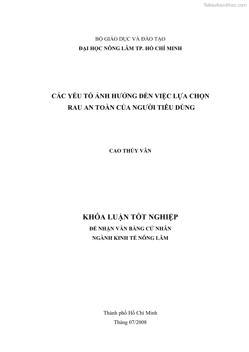 Khóa luận tốt nghiệp kinh tế nông lâm Các nhân tố ảnh hưởng đến việc lựa chọn rau an toàn của người tiêu dùng - 1 Trang 1