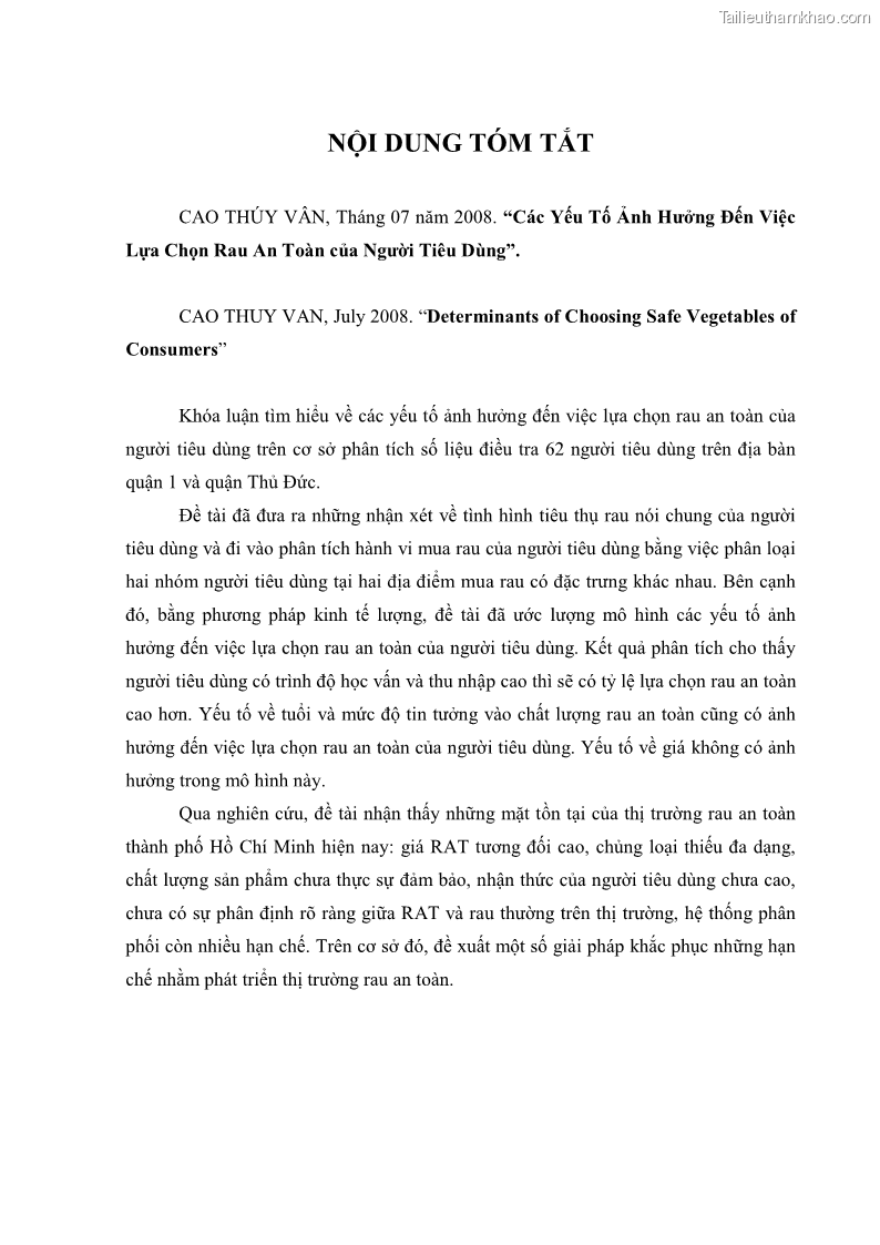 Khóa luận tốt nghiệp kinh tế nông lâm Các nhân tố ảnh hưởng đến việc lựa chọn rau an toàn của người tiêu dùng - 1 Trang 4