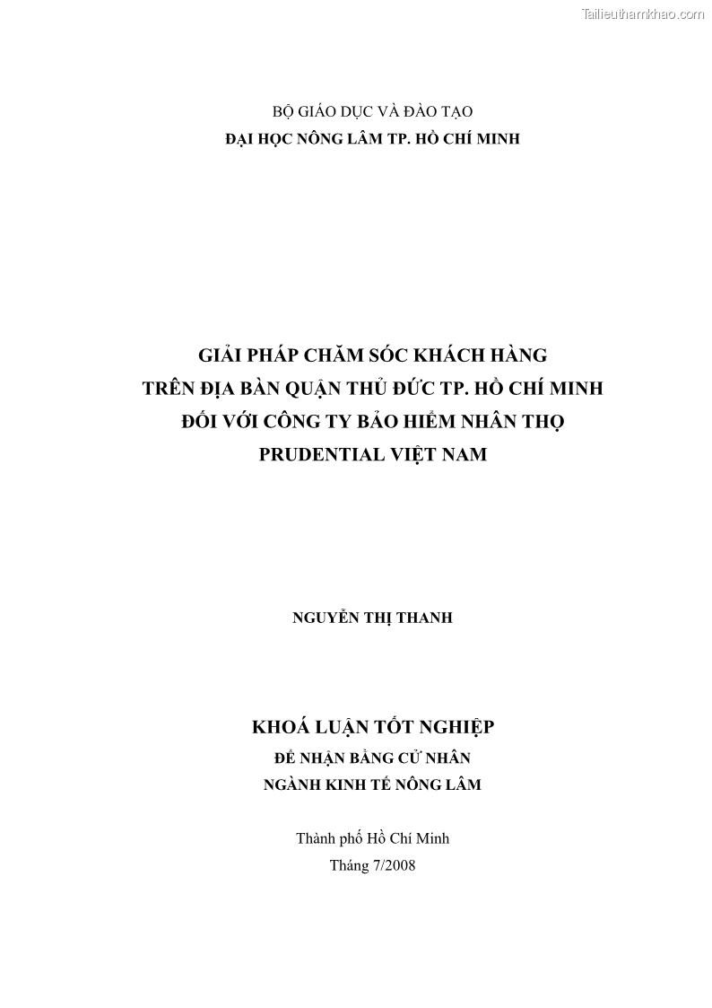 Khóa luận tốt nghiệp kinh tế nông lâm Giải pháp chăm sóc khách hàng trên địa bàn quận Thủ Đức đối với Công ty Bảo hiểm Nhân thọ Prudential - 1 Trang 1
