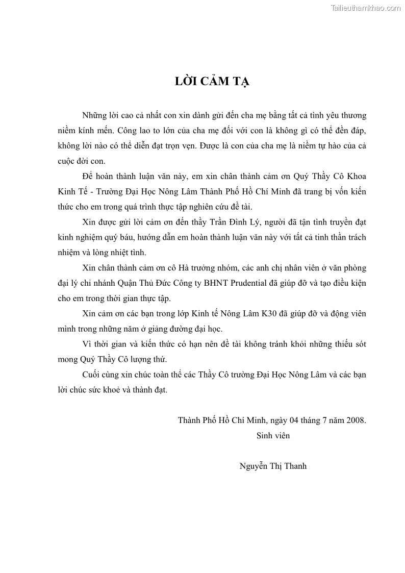 Khóa luận tốt nghiệp kinh tế nông lâm Giải pháp chăm sóc khách hàng trên địa bàn quận Thủ Đức đối với Công ty Bảo hiểm Nhân thọ Prudential - 1 Trang 3