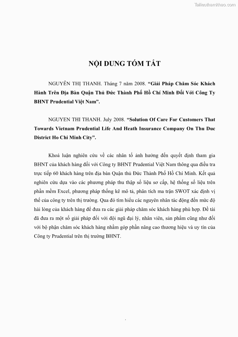 Khóa luận tốt nghiệp kinh tế nông lâm Giải pháp chăm sóc khách hàng trên địa bàn quận Thủ Đức đối với Công ty Bảo hiểm Nhân thọ Prudential - 1 Trang 4