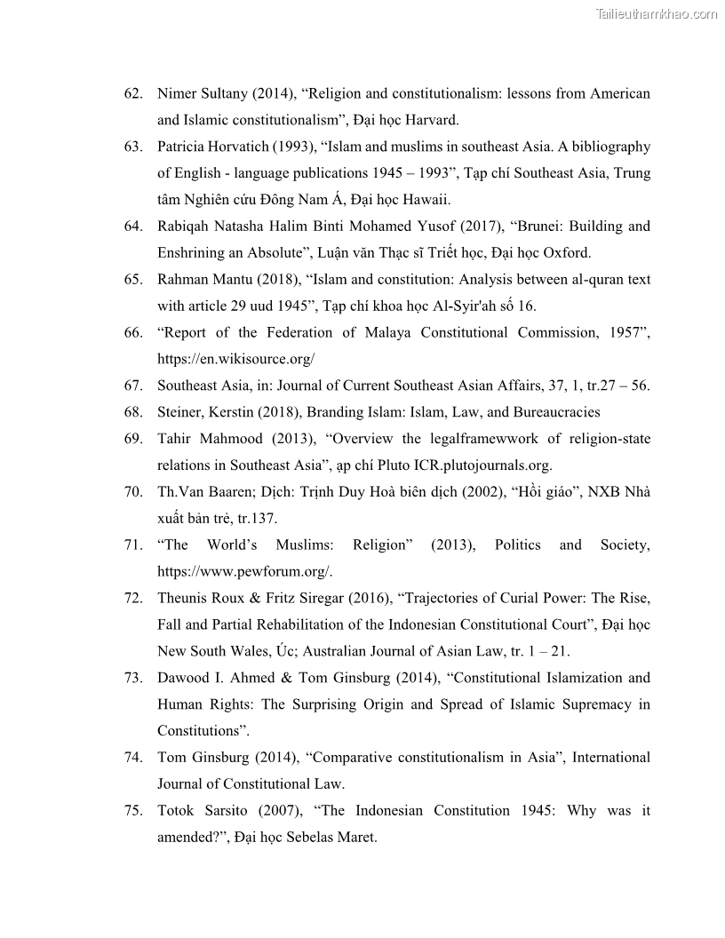 Khóa luận tốt nghiệp luật học Lịch sử và xu hướng phát triển của hiến pháp các nước Hồi giáo trong khu vực Đông Nam Á - 11 Trang 123