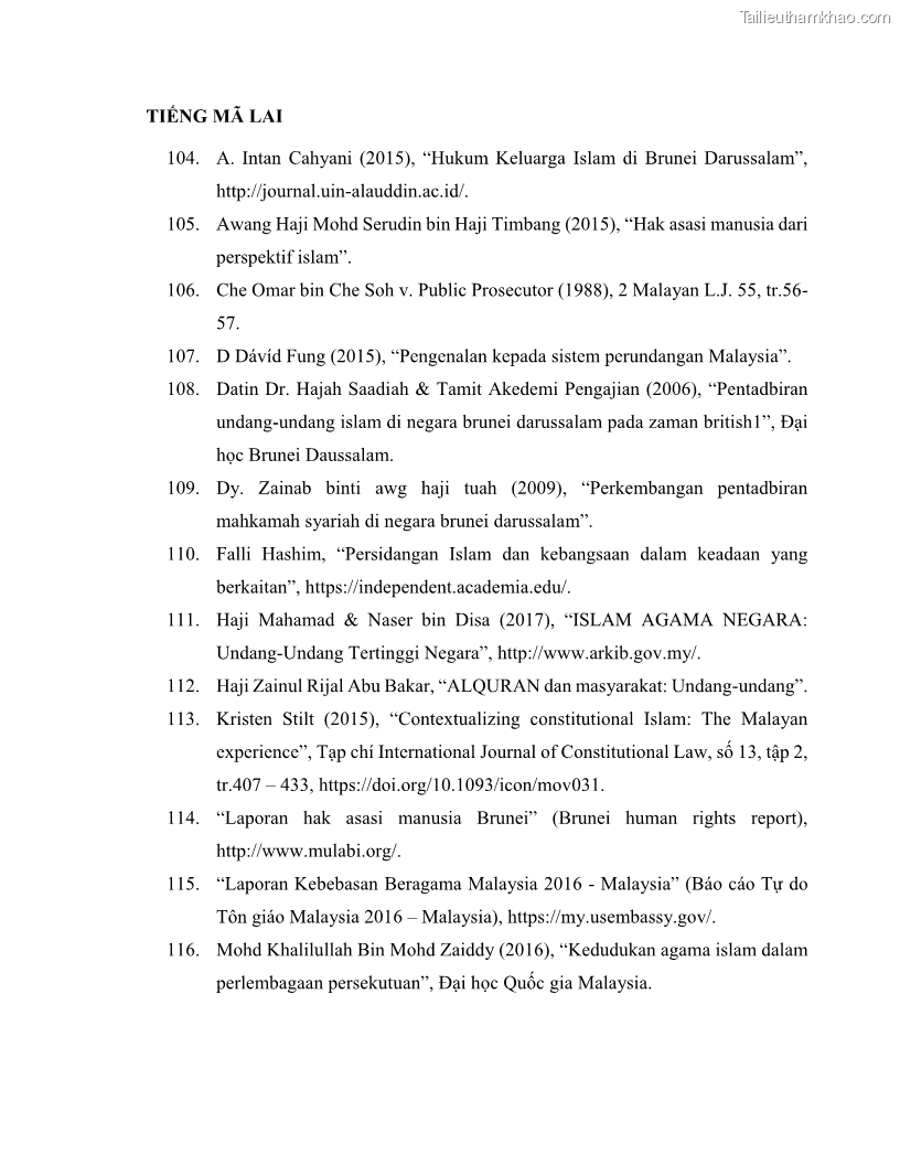 Khóa luận tốt nghiệp luật học Lịch sử và xu hướng phát triển của hiến pháp các nước Hồi giáo trong khu vực Đông Nam Á - 11 Trang 126
