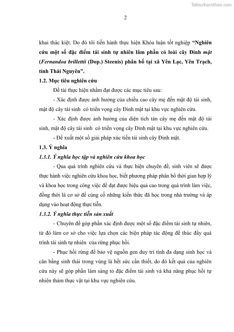 Khóa luận tốt nghiệp Nghiên cứu một số đặc điểm tái sinh tự nhiên lâm phần có loài cây Đinh mật Fernandoa brillettii Dop. Steenis phân bố tại xã Yên Lạc, Yên Trạch, tỉnh Thái Nguyên - 1 Trang 12