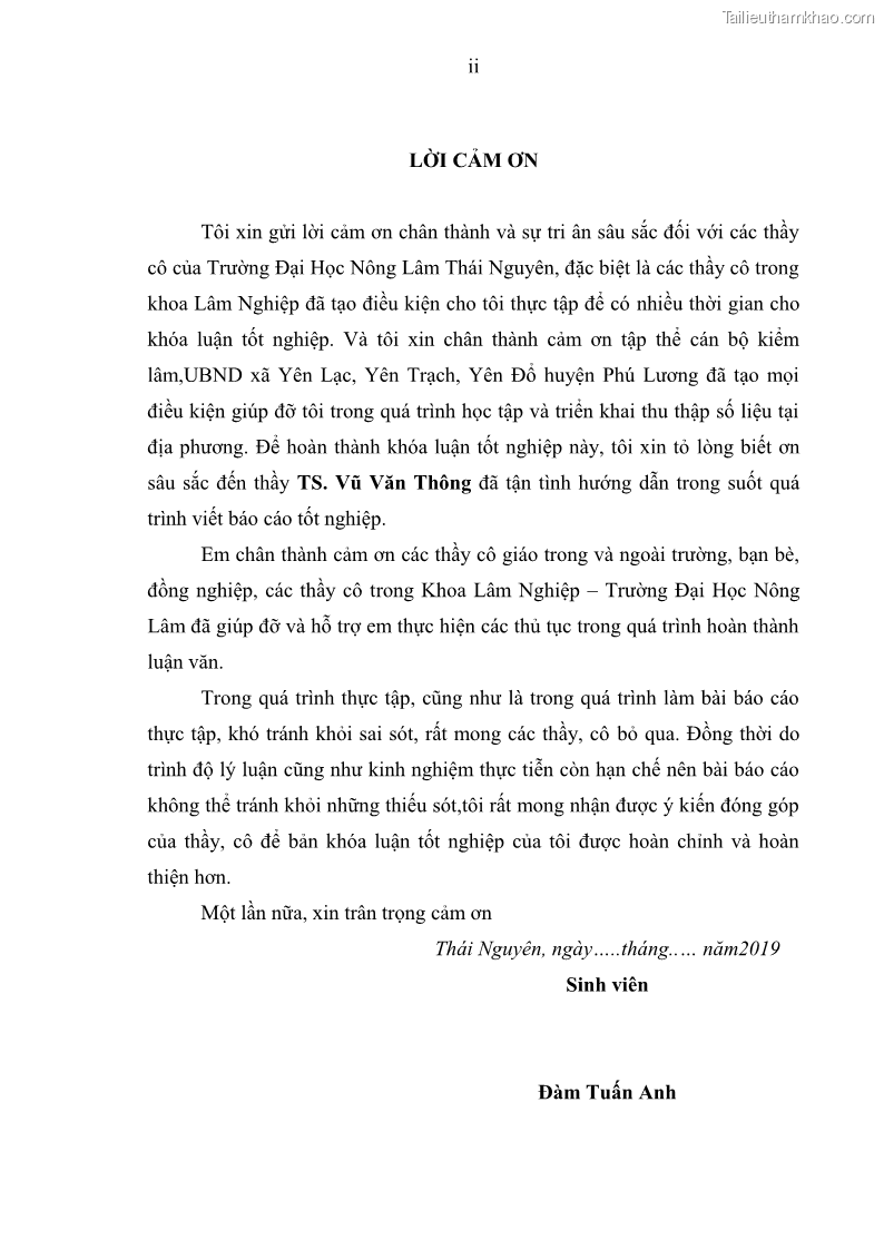 Khóa luận tốt nghiệp Nghiên cứu một số đặc điểm tái sinh tự nhiên lâm phần có loài cây Đinh mật Fernandoa brillettii Dop. Steenis phân bố tại xã Yên Lạc, Yên Trạch, tỉnh Thái Nguyên - 1 Trang 4