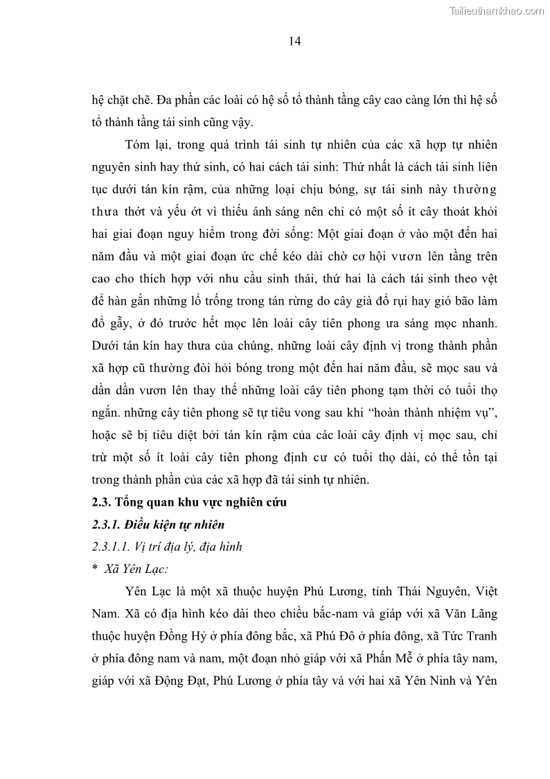Khóa luận tốt nghiệp Nghiên cứu một số đặc điểm tái sinh tự nhiên lâm phần có loài cây Đinh mật Fernandoa brillettii Dop. Steenis phân bố tại xã Yên Lạc, Yên Trạch, tỉnh Thái Nguyên - 2 Trang 24
