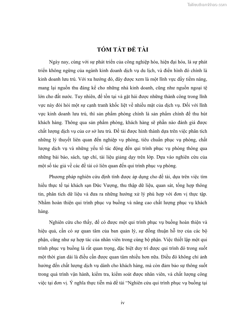 Khóa luận tốt nghiệp Nghiên cứu qui trình phục vụ buồng tại khách sạn Đức Vượng - 1 Trang 6