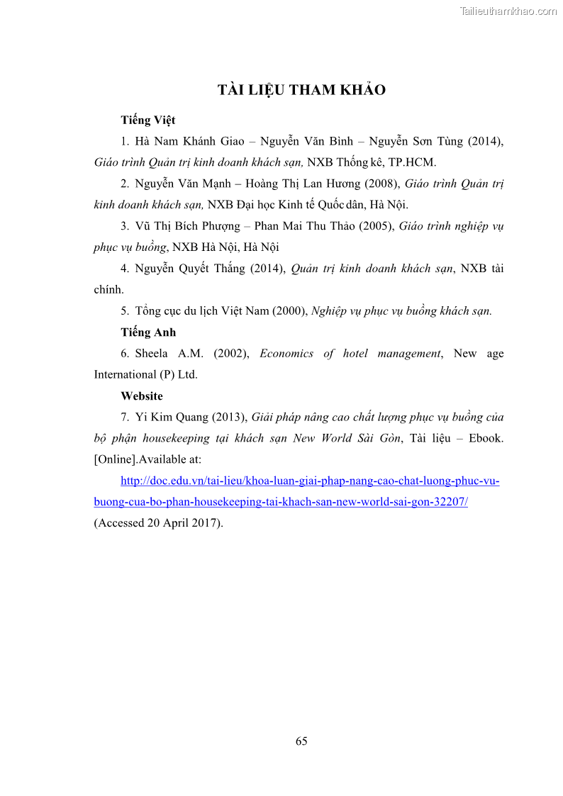 Khóa luận tốt nghiệp Nghiên cứu qui trình phục vụ buồng tại khách sạn Đức Vượng - 7 Trang 76