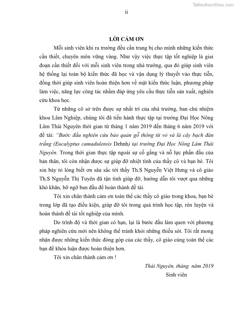 Khóa luận tốt nghiệp nông lâm kết hợp Bước đầu nghiên cứu bảo quản gỗ thông từ vỏ và lá cây bạch đàn trắng Eucalyptus camadulensis Dehnh tại trường Đại Học Nông Lâm Thái Nguyên - 1 Trang 3