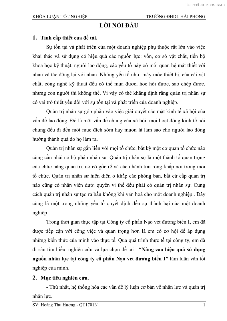 Khóa luận tốt nghiệp quản trị doanh nghiệp Một số biện pháp nâng cao hiệu quả sử dụng nguồn nhân lực tại công ty Cổ phần Nạo vét đường biển I - 1 Trang 11