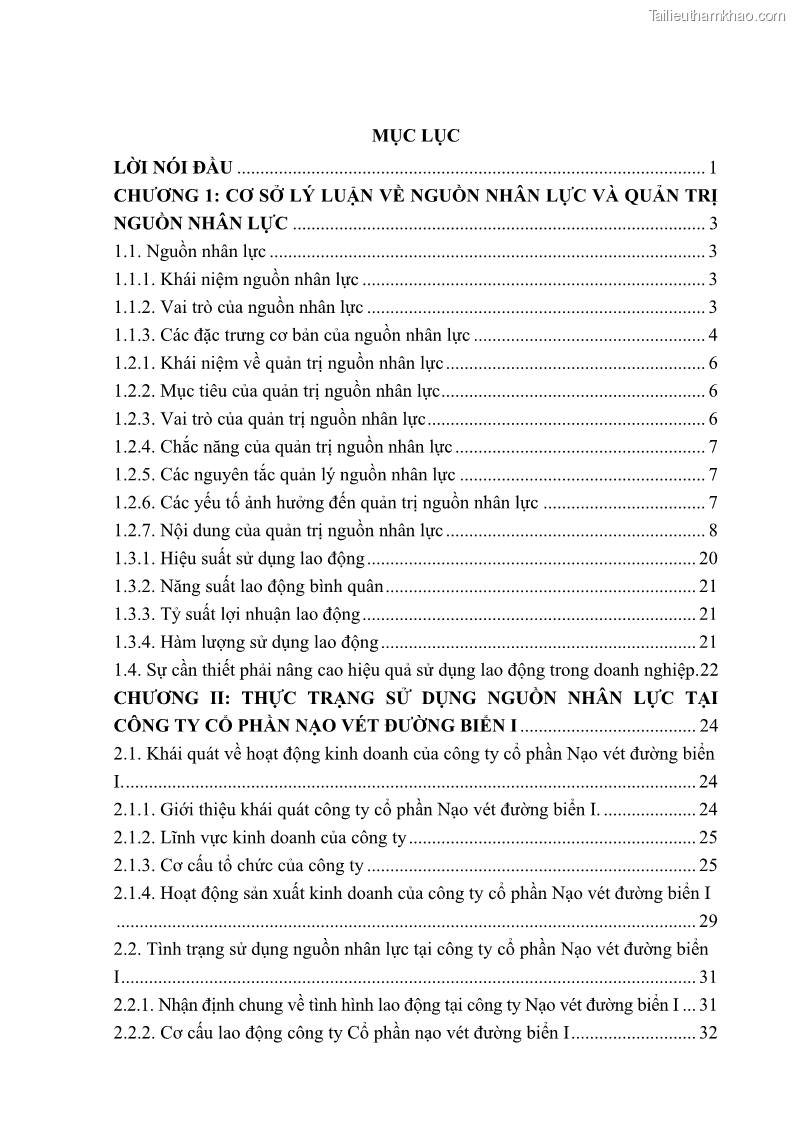 Khóa luận tốt nghiệp quản trị doanh nghiệp Một số biện pháp nâng cao hiệu quả sử dụng nguồn nhân lực tại công ty Cổ phần Nạo vét đường biển I - 1 Trang 7