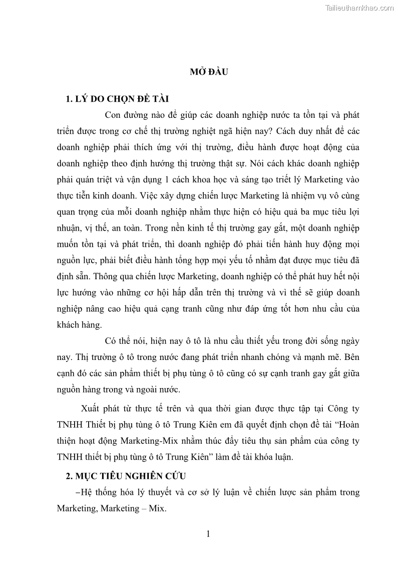 Khóa luận tốt nghiệp quản trị marketing Hoàn thiện hoạt động Marketing-mix nhằm thúc đẩy tiêu thụ sản phẩm của Công ty TNHH thiết bị phụ tùng ô tô Trung Kiên - 1 Trang 12