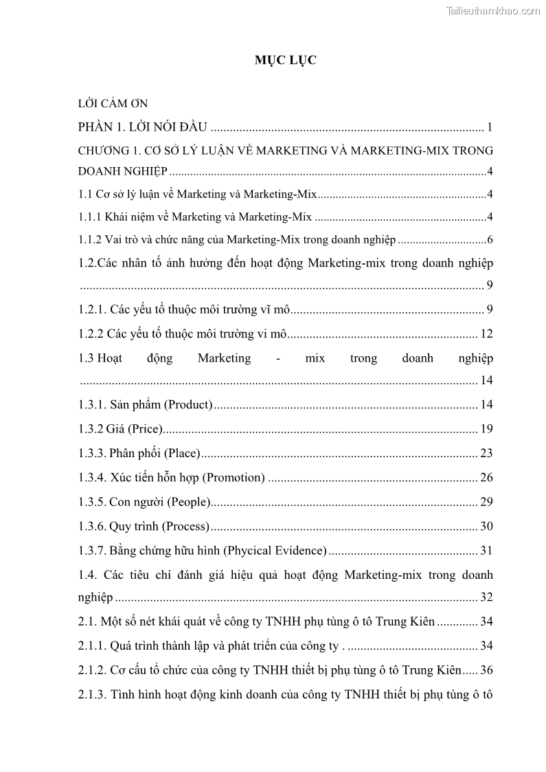 Khóa luận tốt nghiệp quản trị marketing Hoàn thiện hoạt động Marketing-mix nhằm thúc đẩy tiêu thụ sản phẩm của Công ty TNHH thiết bị phụ tùng ô tô Trung Kiên - 1 Trang 7