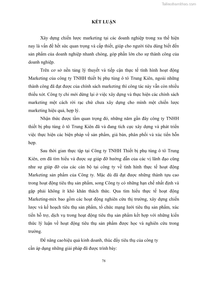 Khóa luận tốt nghiệp quản trị marketing Hoàn thiện hoạt động Marketing-mix nhằm thúc đẩy tiêu thụ sản phẩm của Công ty TNHH thiết bị phụ tùng ô tô Trung Kiên - 8 Trang 89