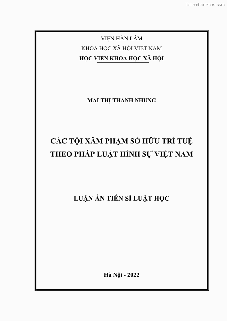 Luận án tiến sĩ luật học Các tội xâm phạm sở hữu trí tuệ theo pháp luật hình sự Việt Nam - 1 Trang 1