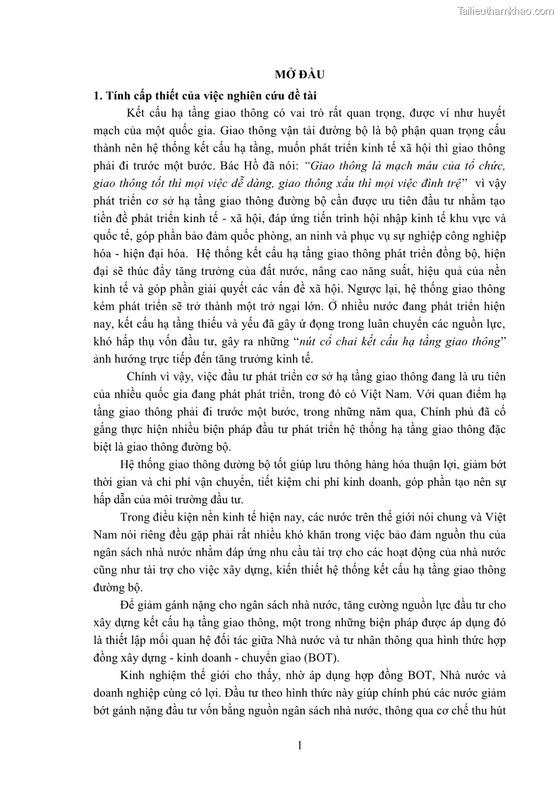 Luận án tiến sĩ luật học Hợp đồng xây dựng - kinh doanh - chuyển giao trong các dự án về giao thông đường bộ theo pháp luật Việt Nam hiện nay - 1 Trang 7