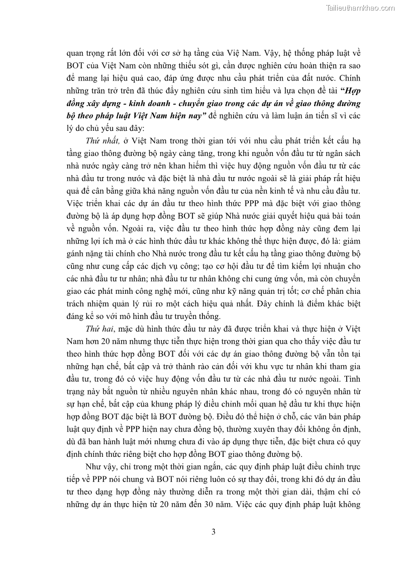 Luận án tiến sĩ luật học Hợp đồng xây dựng - kinh doanh - chuyển giao trong các dự án về giao thông đường bộ theo pháp luật Việt Nam hiện nay - 1 Trang 9