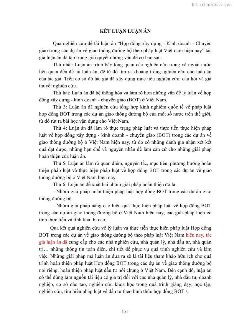 Luận án tiến sĩ luật học Hợp đồng xây dựng - kinh doanh - chuyển giao trong các dự án về giao thông đường bộ theo pháp luật Việt Nam hiện nay - 14 Trang 157
