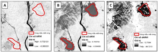 Hình 3 6 Ảnh chỉ số ARVI các ví dụ vùng mẫu trước A và sau B khi mất 3