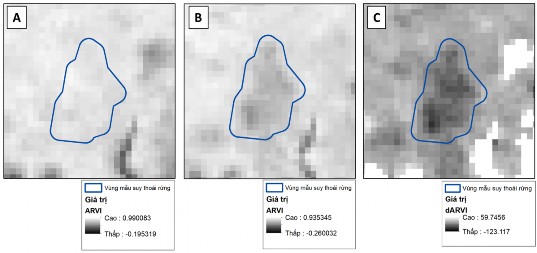 Hình 3 7 Ảnh chỉ số ARVI ví dụ vùng mẫu trước A và sau B khi suy thoái 4