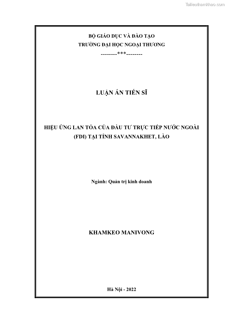 Luận án tiến sĩ quản trị kinh doanh Hiệu ứng lan tỏa của đầu tư trực tiếp nước ngoài FDI tại tỉnh Savannakhet, Lào - 1 Trang 1