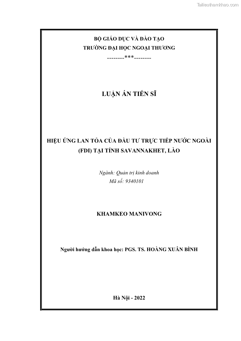 Luận án tiến sĩ quản trị kinh doanh Hiệu ứng lan tỏa của đầu tư trực tiếp nước ngoài FDI tại tỉnh Savannakhet, Lào - 1 Trang 2