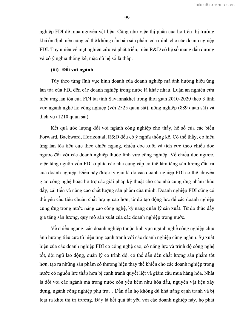 Luận án tiến sĩ quản trị kinh doanh Hiệu ứng lan tỏa của đầu tư trực tiếp nước ngoài FDI tại tỉnh Savannakhet, Lào - 10 Trang 111