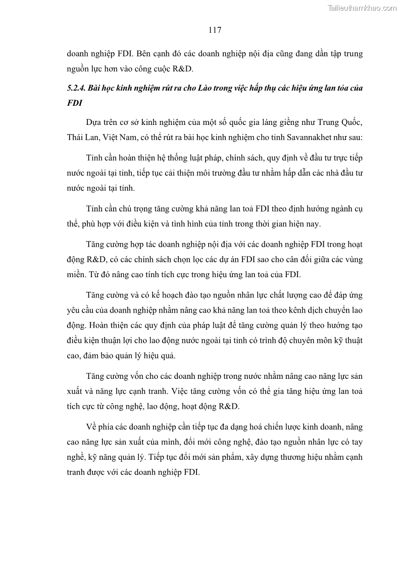 Luận án tiến sĩ quản trị kinh doanh Hiệu ứng lan tỏa của đầu tư trực tiếp nước ngoài FDI tại tỉnh Savannakhet, Lào - 11 Trang 129