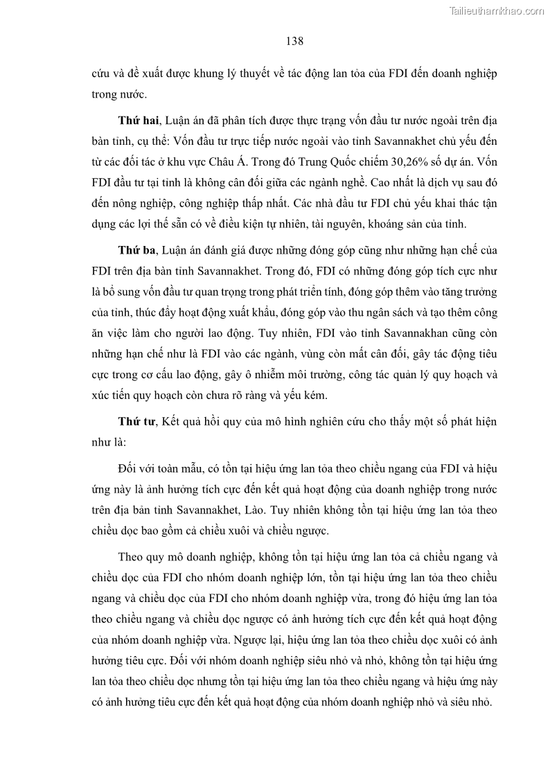 Luận án tiến sĩ quản trị kinh doanh Hiệu ứng lan tỏa của đầu tư trực tiếp nước ngoài FDI tại tỉnh Savannakhet, Lào - 13 Trang 150