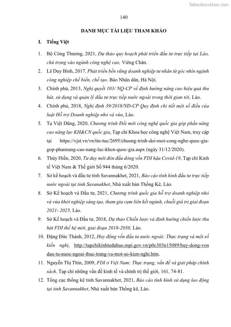 Luận án tiến sĩ quản trị kinh doanh Hiệu ứng lan tỏa của đầu tư trực tiếp nước ngoài FDI tại tỉnh Savannakhet, Lào - 13 Trang 152