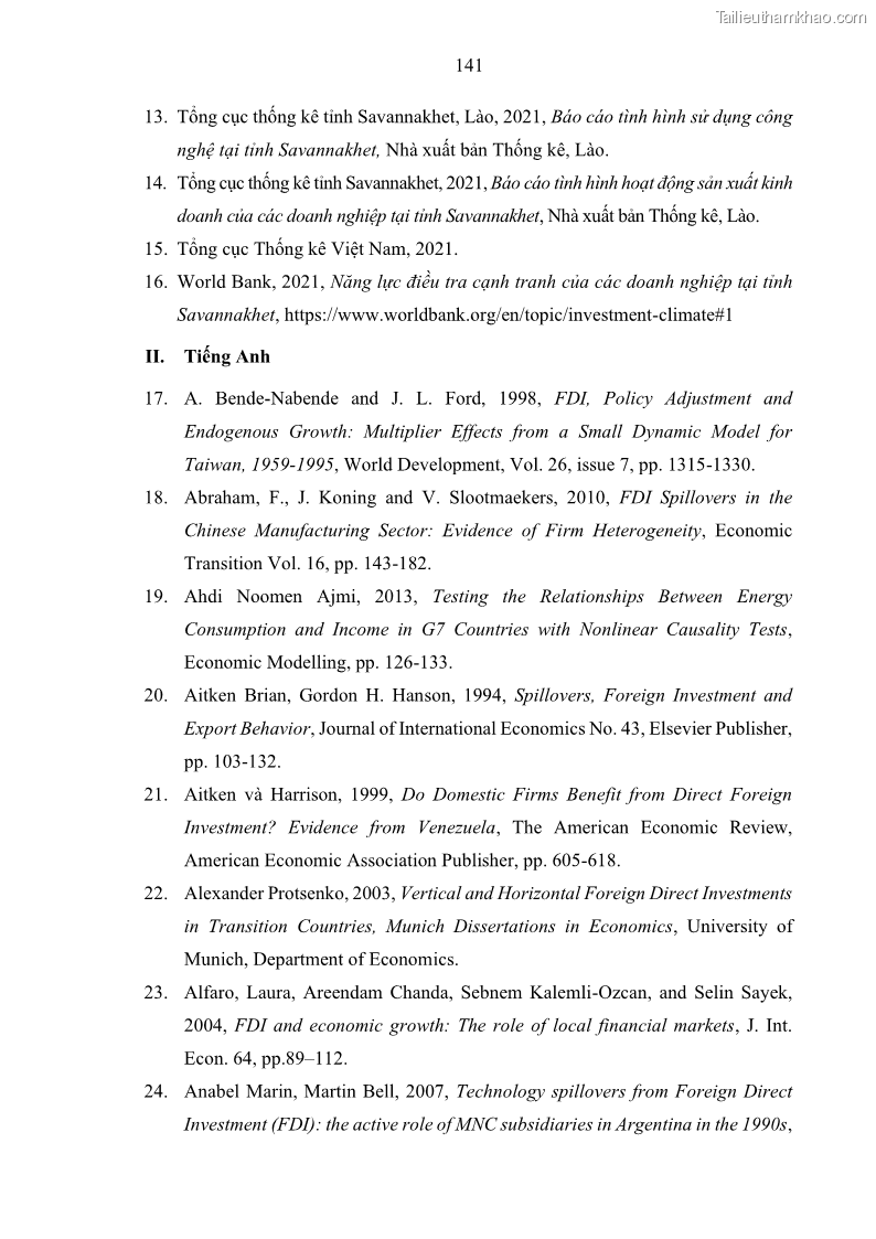 Luận án tiến sĩ quản trị kinh doanh Hiệu ứng lan tỏa của đầu tư trực tiếp nước ngoài FDI tại tỉnh Savannakhet, Lào - 13 Trang 153