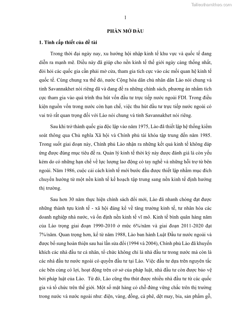Luận án tiến sĩ quản trị kinh doanh Hiệu ứng lan tỏa của đầu tư trực tiếp nước ngoài FDI tại tỉnh Savannakhet, Lào - 2 Trang 13