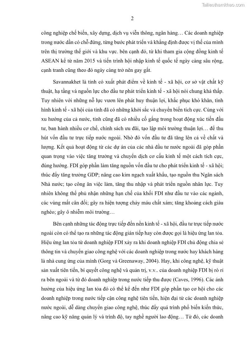 Luận án tiến sĩ quản trị kinh doanh Hiệu ứng lan tỏa của đầu tư trực tiếp nước ngoài FDI tại tỉnh Savannakhet, Lào - 2 Trang 14