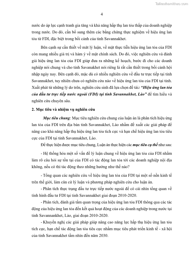 Luận án tiến sĩ quản trị kinh doanh Hiệu ứng lan tỏa của đầu tư trực tiếp nước ngoài FDI tại tỉnh Savannakhet, Lào - 2 Trang 16
