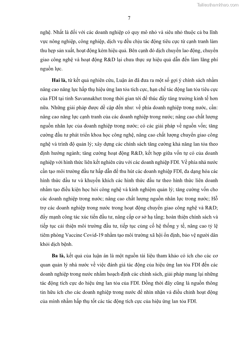 Luận án tiến sĩ quản trị kinh doanh Hiệu ứng lan tỏa của đầu tư trực tiếp nước ngoài FDI tại tỉnh Savannakhet, Lào - 2 Trang 19