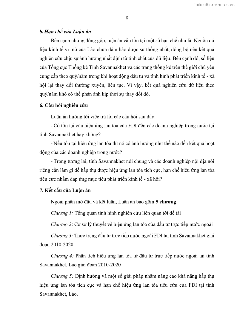 Luận án tiến sĩ quản trị kinh doanh Hiệu ứng lan tỏa của đầu tư trực tiếp nước ngoài FDI tại tỉnh Savannakhet, Lào - 2 Trang 20
