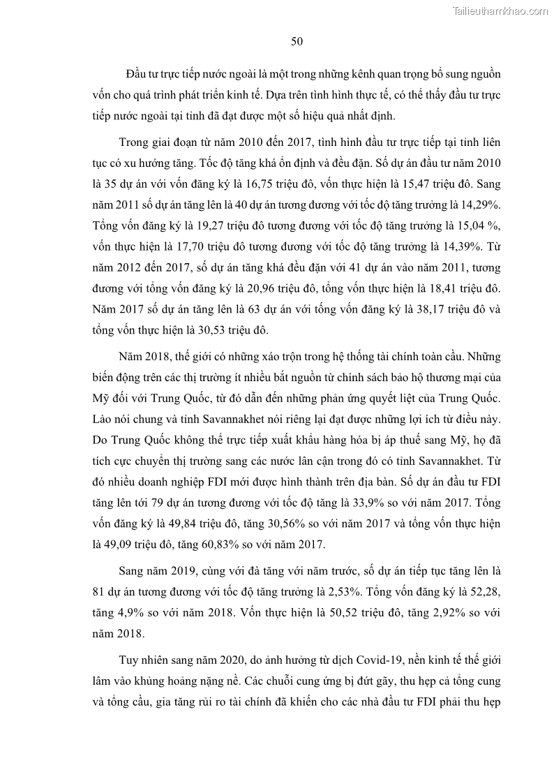 Luận án tiến sĩ quản trị kinh doanh Hiệu ứng lan tỏa của đầu tư trực tiếp nước ngoài FDI tại tỉnh Savannakhet, Lào - 6 Trang 62
