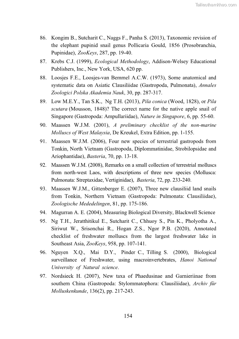 Luận án tiến sĩ sinh học Khu hệ Thân mềm Chân bụng Mollusca: Gastropoda ở nước ngọt và trên cạn Thừa Thiên Huế - 14 Trang 167